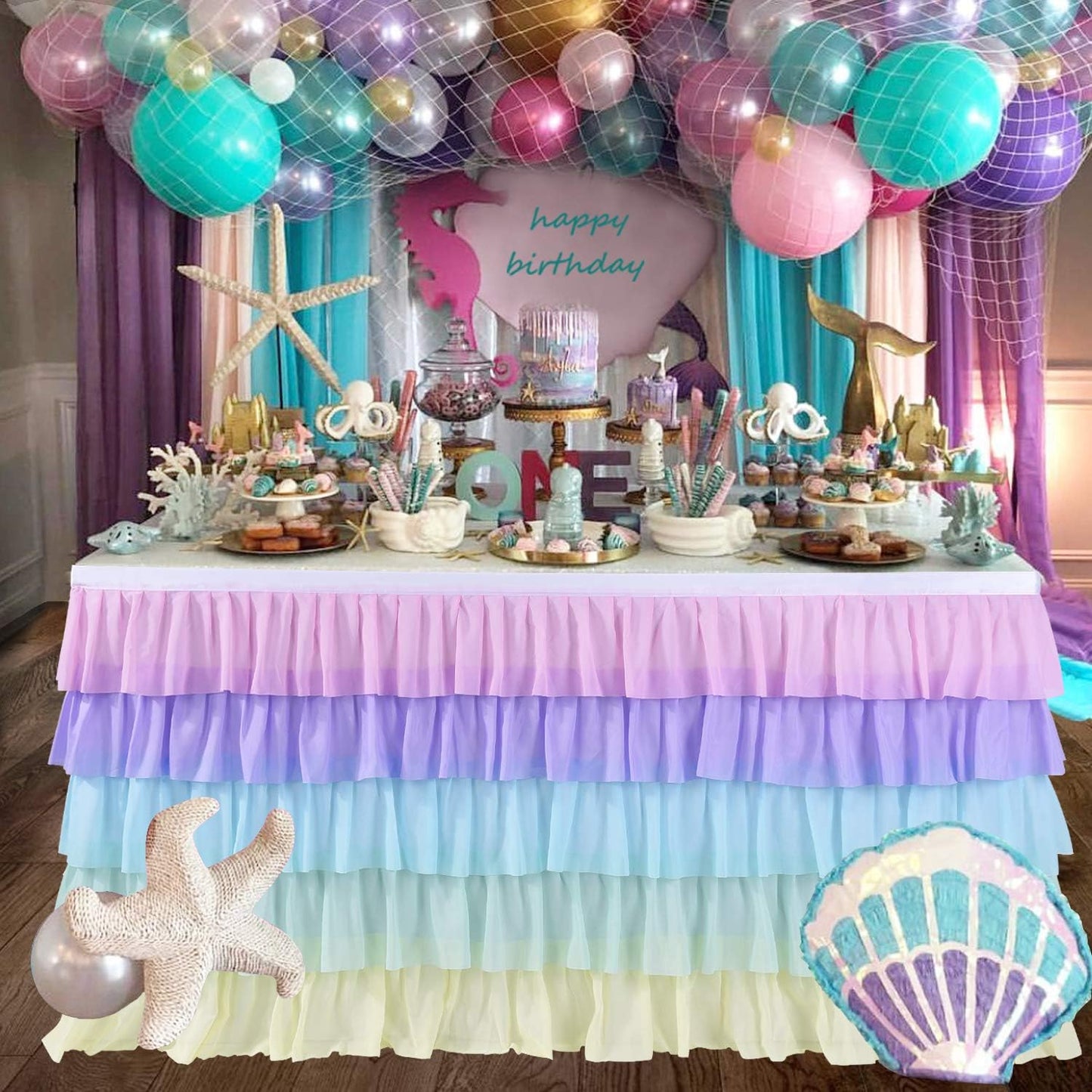 Pastel Rainbow Table Skirt Ruffle Party Tablecloth for Rectangle Table 6ft Birthday Party Baby Shower