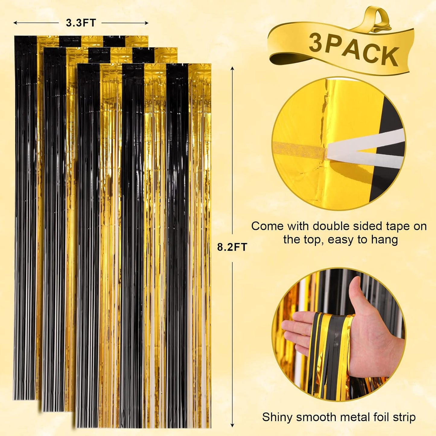 Voircoloria 3 Pack 3.3x8.2 Feet Gold Foil Fringe Backdrop Curtains, Tinsel Streamers, Fringe Backdrop for 2025 New Years Eve, Graduation, Birthday, Baby Shower, Gender Reveal, Disco Party - Colors A