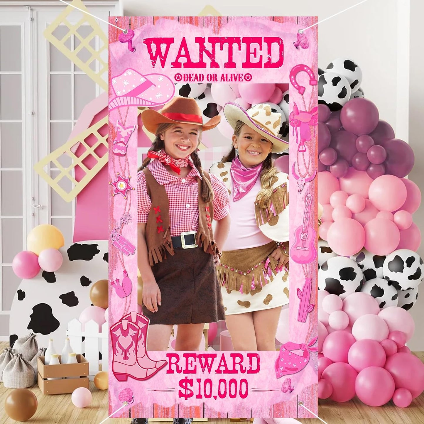 Large Cowgirl Party Decorations Wild West Pink Photo Banner Fun Frame Banner West Wanted Photo Booth Prop Wild Western Selfie Banner for Wild West Western Theme Birthday Party Game Decoration Supplies