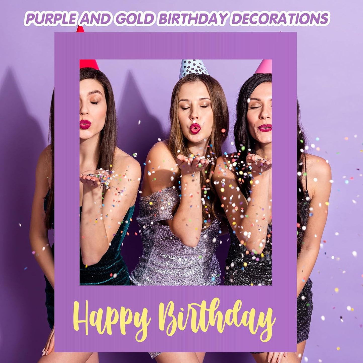 Beeveer 32 x 24 Inch Extra Large Happy Birthday Photo Booth Selfie Frame Props Picture DIY Cutouts Photo Backdrop Cardboard Props for Party Supplies Favors(Vertical,Shiny Gold)