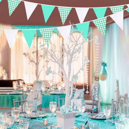 32Ft Dusty Blue Party Decorations Retro Blue Gingham Triangle Banner Flag Pennant Fabric Garland Streamers for Nautical Wedding Birthday Ahoy Achor Bridal Baby Shower Under The Sea Decor Supplies