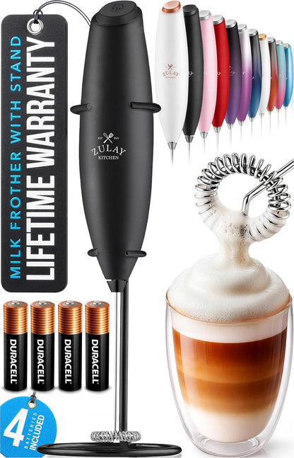 Zulay Kitchen Powerful Milk Frother Wand With Duracell Batteries - Ultra Fast Handheld Drink Mixer - Electric Whisk Foam Maker for Coffee, Lattes, Cappuccino & Matcha - Z1 Motor - Black - Colors C