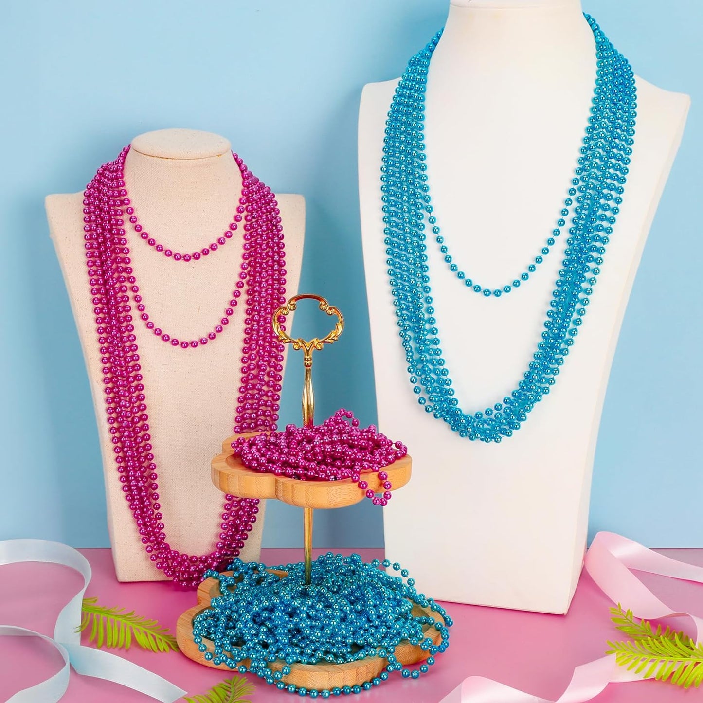 EOBOH 144PCS Mardi Gras Beads, Metallic 12 Kinds Bead Necklace Party Supplies, 33" Mardi Gras Necklace Costume Stuff, Festival Parade Throw Accessories for Wedding Birthday Celebrations Decorations