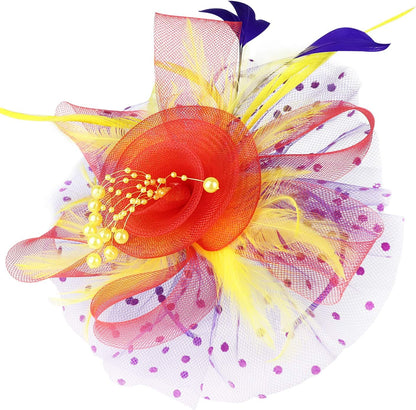 DRESHOW Fascinators Hat Flower Mesh Ribbons Feathers on a Headband and a Clip Tea Party Headwear for Girls and Women - Colors B