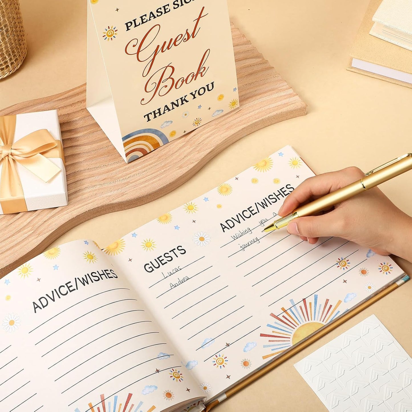 Fuyoooo 27 Pcs Safari Animal Baby Shower Guest Book Set Baby Shower Sign in Guest Floral Book Place Table Cards with Gold Pen Adhesive Photo Corner for Birthday Party