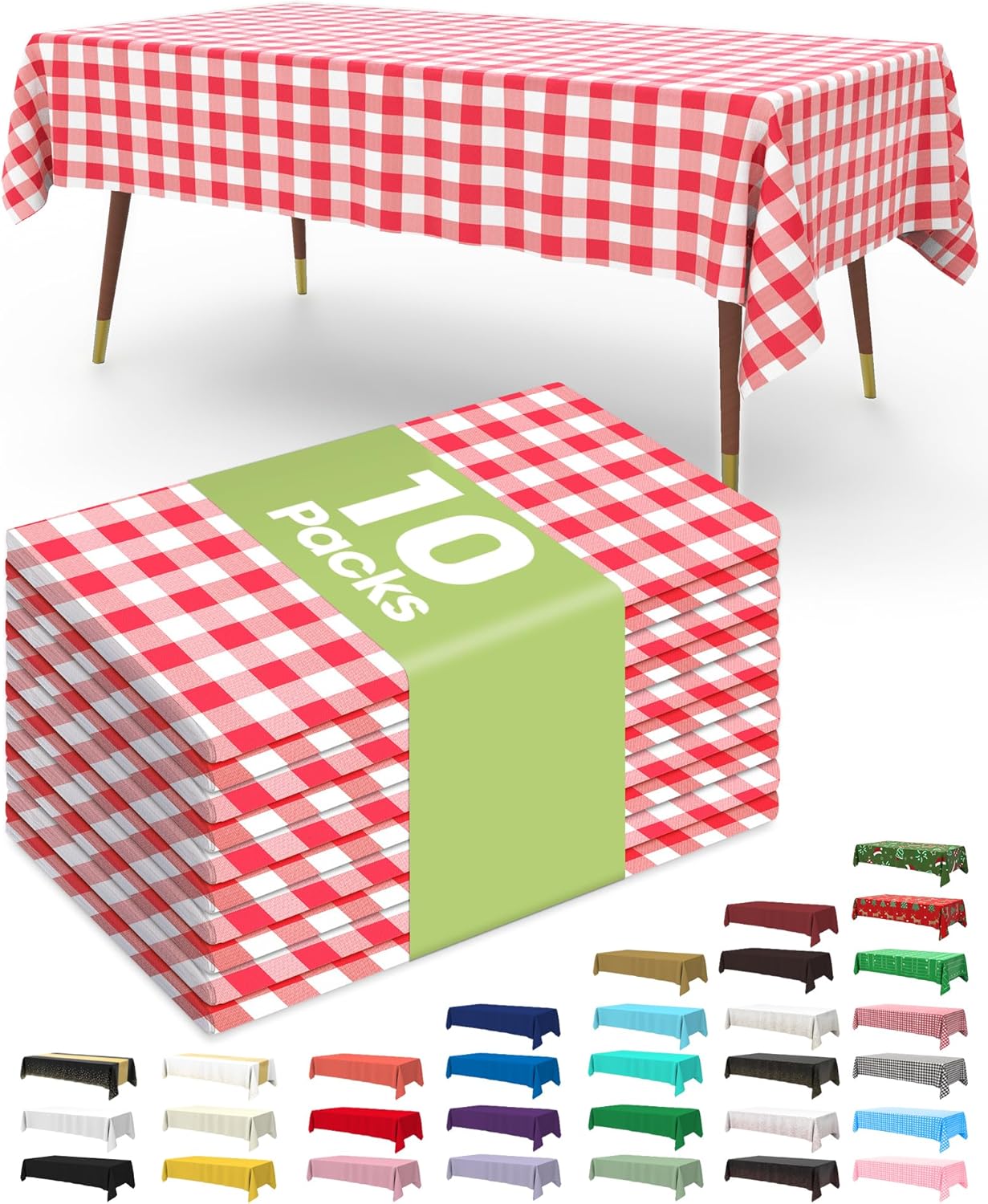 Pureegg Plastic Table Cloth 10 Pack, 54 x 108 Inch Disposable Table Cloths for Party, Picnic and Wedding, Rectangle, White - Colors A