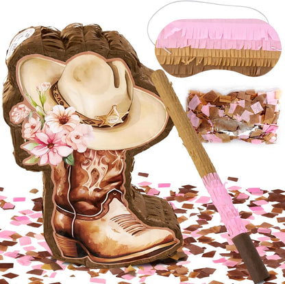 Pink Cowgirl Boot Piñata Set with Bat and Blindfold, 15.7 x 11 in Western Cowgirl Birthday Party Decorations, Girls Theme Party Piñata for Candy & Treats