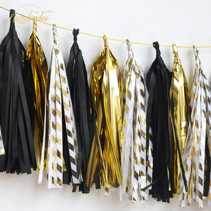 NICROLANDEE Black Gold Graduation Party Decorations, 15PCS Black Gold Tissue Paper Tassel Garland for Birthday, Wedding, Bridal Shower, Bachelorette Party, 2026 New Year's Eve Party Supplies