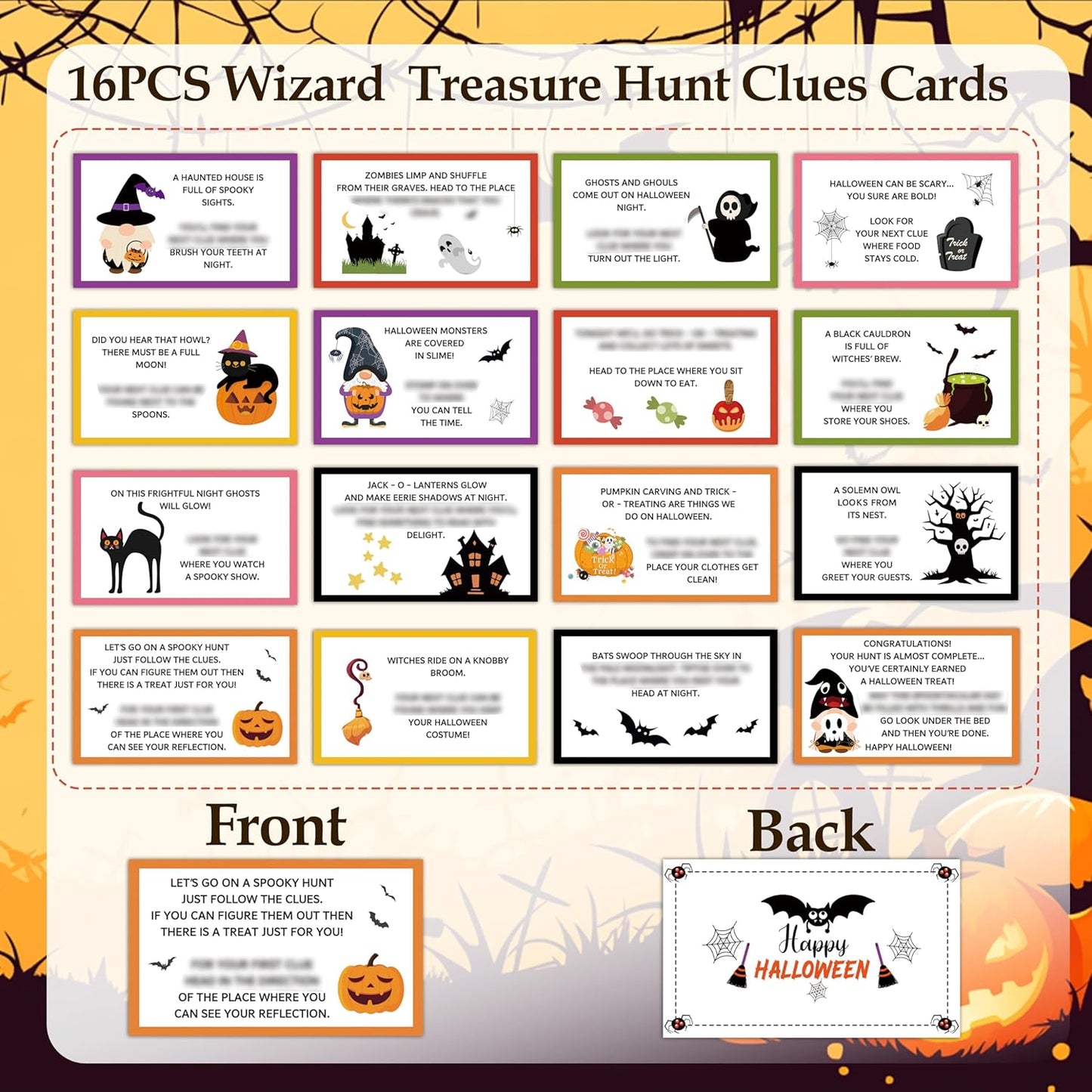 Halloween Scavenger Hunt Clue Cards, Magical Scavenger Hunt Games for Adults, Halloween Fall Pumkin Holiday Birthday Party Supplies Activities Outdoor Indoor(16 Clues Cards with Envelopes), 11