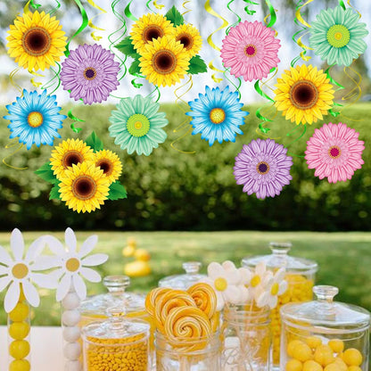 KALEFO 30PCS Spring Summer Hanging Decorations Set Sun Flowers Autumn Daisy Fairy Birthday Party Decor Mothers Day Easter Daisies Ceiling Home Decor Swirls Classroom Baby Shower