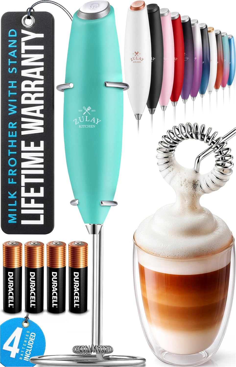 Zulay Kitchen Powerful Milk Frother Wand With Duracell Batteries - Ultra Fast Handheld Drink Mixer - Electric Whisk Foam Maker for Coffee, Lattes, Cappuccino & Matcha - Z1 Motor - Black - Colors C