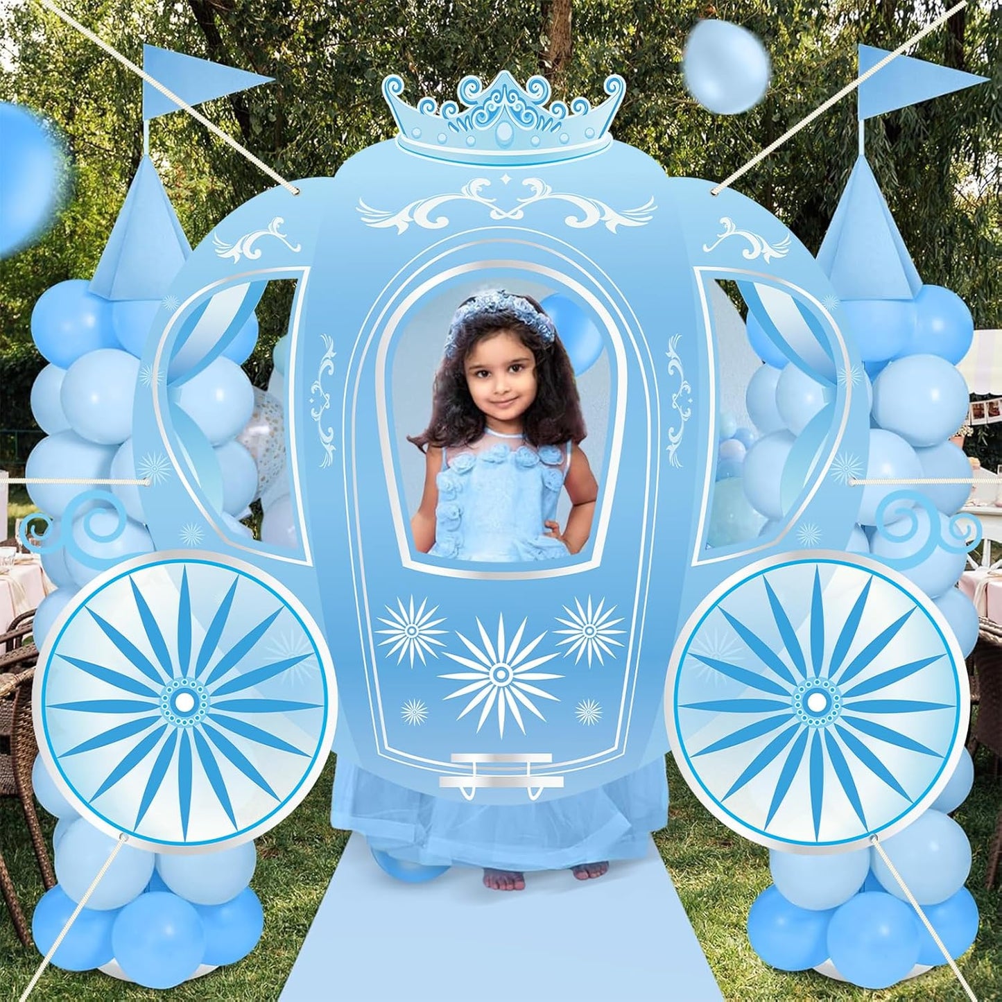 Snowflake Princess Carriage Photo Prop Background Winter Wonderland Selfie Frame Photography Blue Carriage Backdrop Banner 63" Fairy Tale Photo Booth for Winter Snow Holiday Birthday Party Decoration