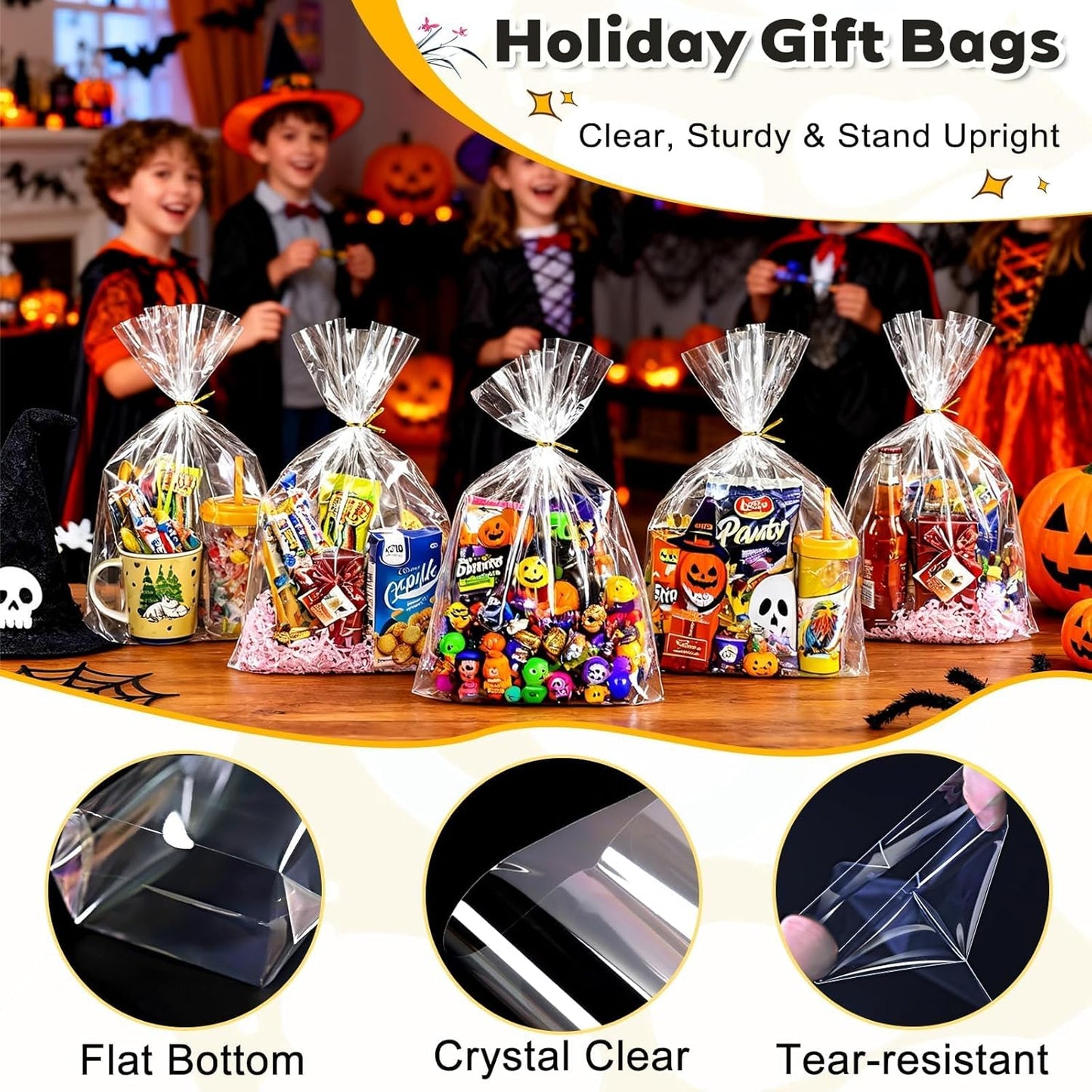 PigPotParty Cellophane Treat Bags 6x9 Inch, 50 Pack Clear Goodie Bags with Bottom Gusset for Stand-Up Display, Small Plastic Gift Wrap for Cookies, Candy, Party Favors, Popcorn, Includes 50 Gold Ties