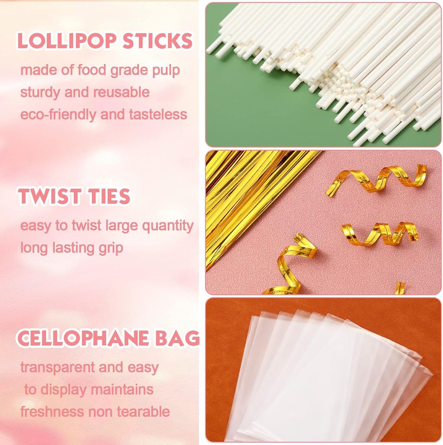 Roowest 1600 Pcs Cake Pop Sticks and Wrappers Kit Including 400 Cake Pop Sticks 400 Clear Candy Treat Bags 800 Gold Metallic Twist Ties for Candy Chocolate Suckers Making(3.94 x 0.12 Inches)