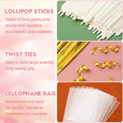 Roowest 1600 Pcs Cake Pop Sticks and Wrappers Kit Including 400 Cake Pop Sticks 400 Clear Candy Treat Bags 800 Gold Metallic Twist Ties for Candy Chocolate Suckers Making(3.94 x 0.12 Inches)
