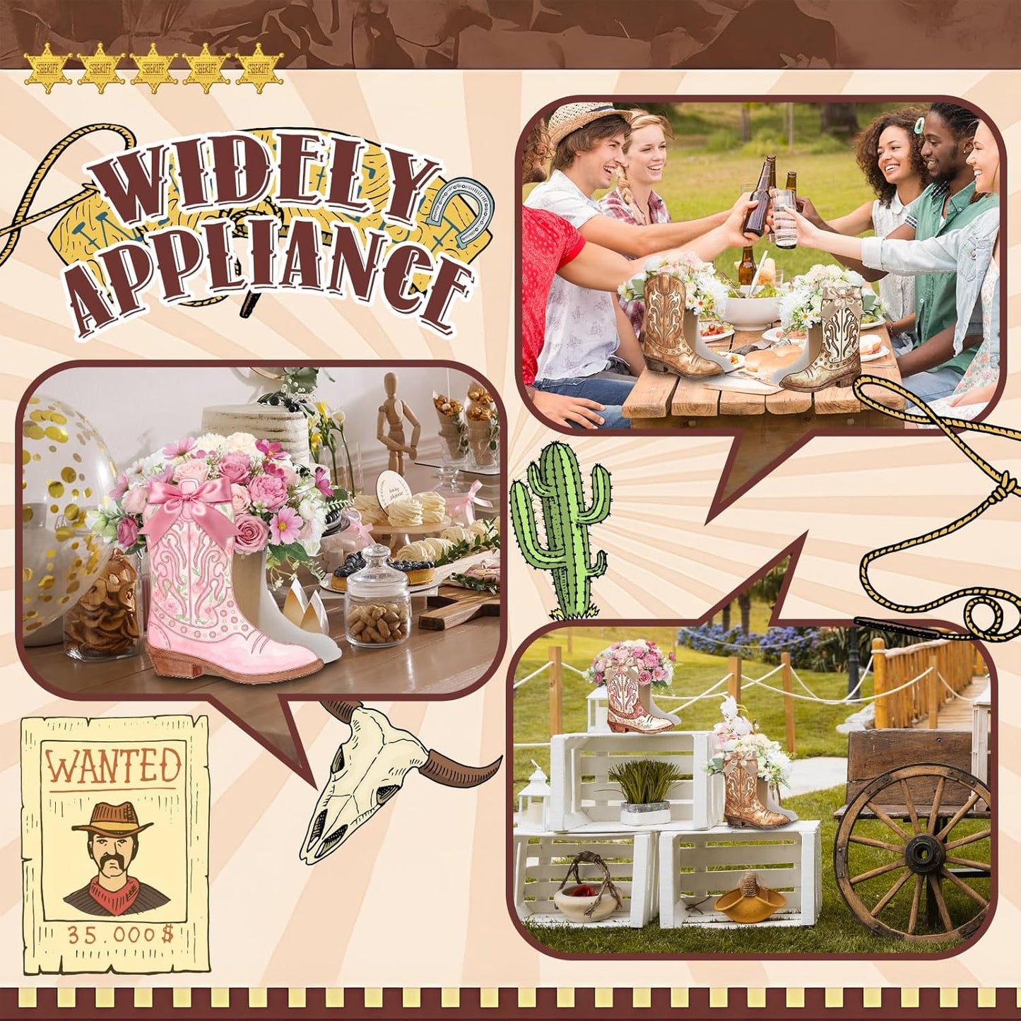 Dunzoom 8 Set DIY Western Cowboy Boots Flower Boxes Crafts Western Cowgirl Centerpiece for Table Cowboy Boot Scratch Art Kit Cowgirl Flower Boxes to Paint Wedding Birthday Party Supplies(Brown)