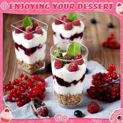 Uiifan 500 Pack 3 oz Mini Dessert Cups Tall Clear Plastic Parfait Cups for Desserts, Appetizers, Mousse Chocolate Dessert(Square Shape)