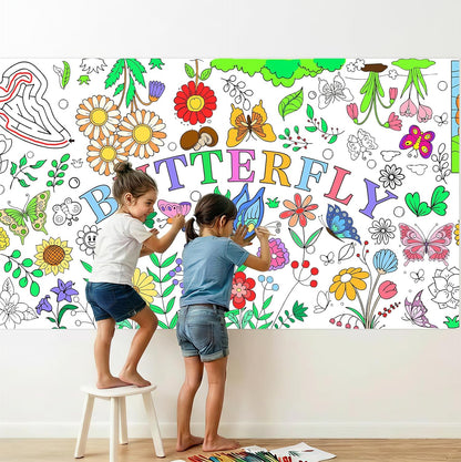 Kids Coloring Tablecloth, Easter Bunny Egg Chick Theme Paper Coloring Poster, 31 x 72 Inch Spring Holiday Coloring Activity Party Table Cover