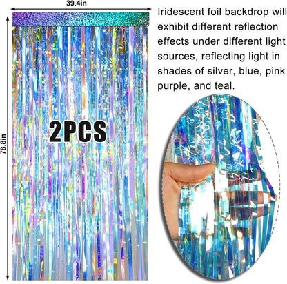 4 Packs Silver Foil Fringe Curtain, Silver Glitter Metallic Tinsel Backdrop for Birthday, Wedding, Baby Shower, Bachelorette, 70s 80s 90s Theme Disco Party, Iridescent Party Decorations Supplies