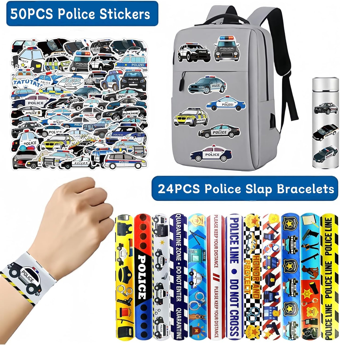 74PCS Police Theme Slap Bracelets and Stickers Set – 24 Slap Bracelets & 50 Stickers – Perfect for Party Decorations, Police Theme Events Birthday Parties Police Gift Bag Fillers