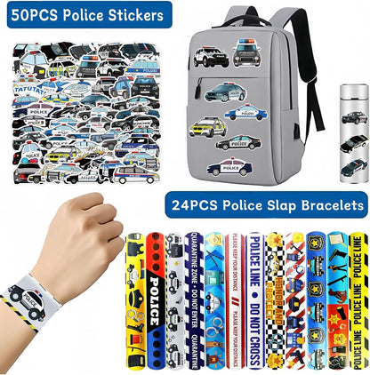 74PCS Police Theme Slap Bracelets and Stickers Set – 24 Slap Bracelets & 50 Stickers – Perfect for Party Decorations, Police Theme Events Birthday Parties Police Gift Bag Fillers