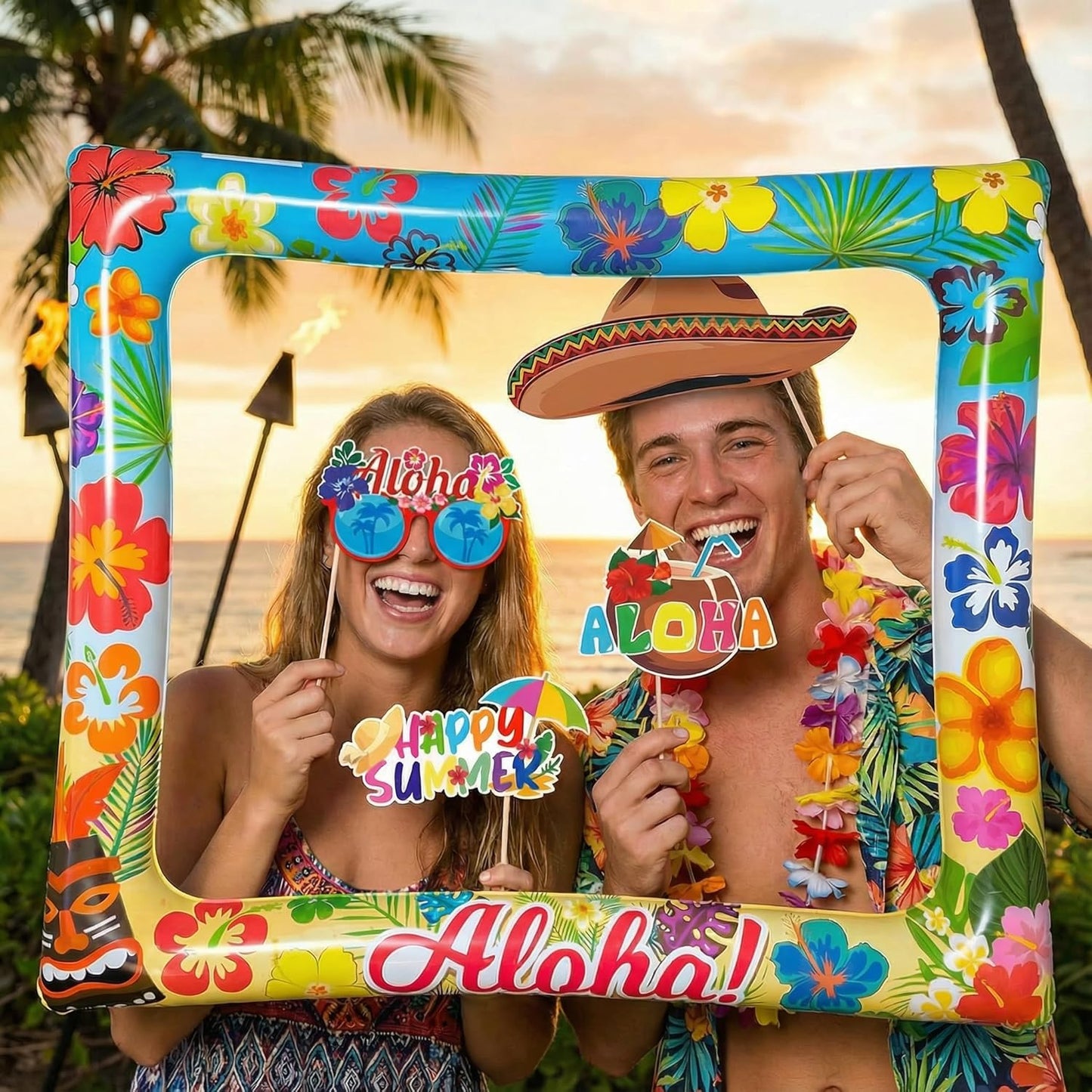 Hawaiian Photo Booth Props & Inflatable Frame, 30Pcs Luau Photobooth Props with Large Inflatable Inflatable Selfie Picture Frame for Summer Tropical Aloha Luau Party Selfie Supplies
