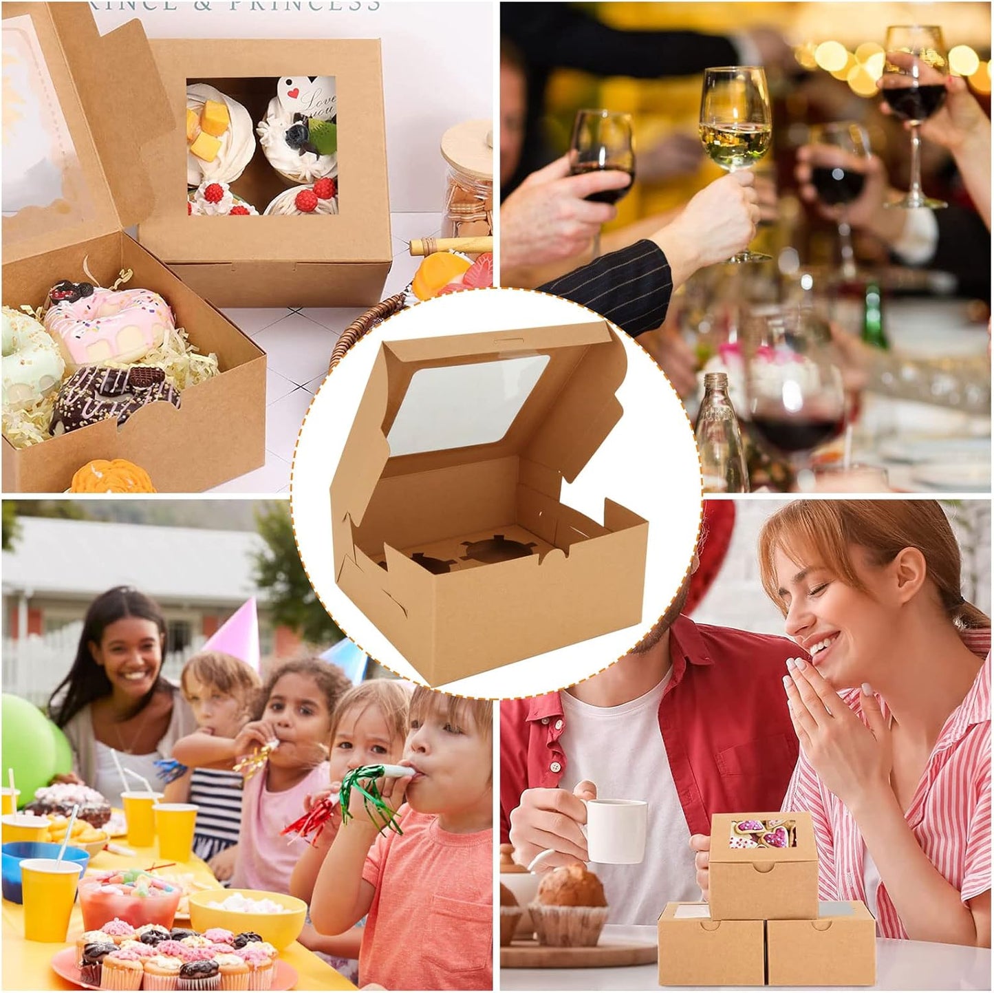 100 PCS Cupcake Boxes 4 Count Cupcake Containers Brown Kraft Paper Cupcake Boxes Treat Boxes with Insert 4 Cavity for Muffins Cookies Cupcakes Macarons Donuts（6x6x3 Inch）