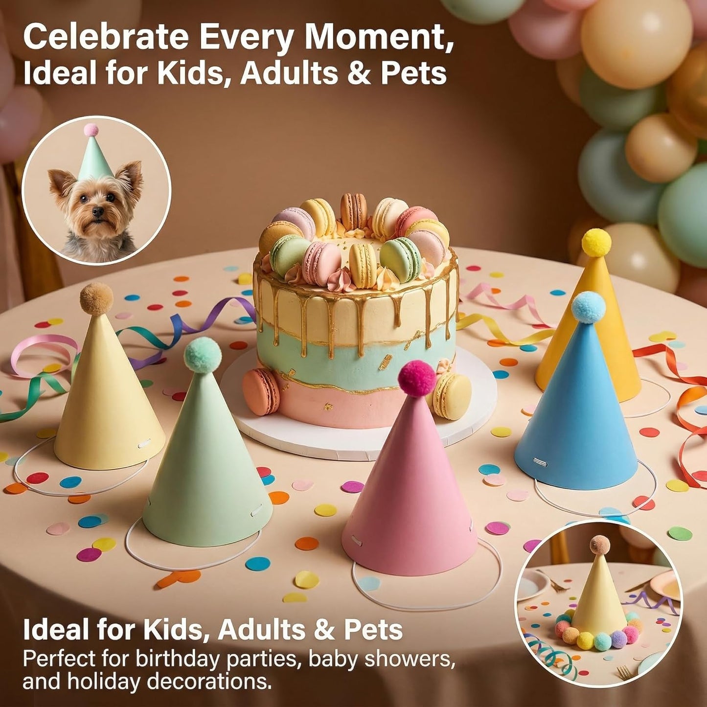 24 Pack Birthday Party Hats,8 Colors Cone Party Hat for Kids Adults Pets