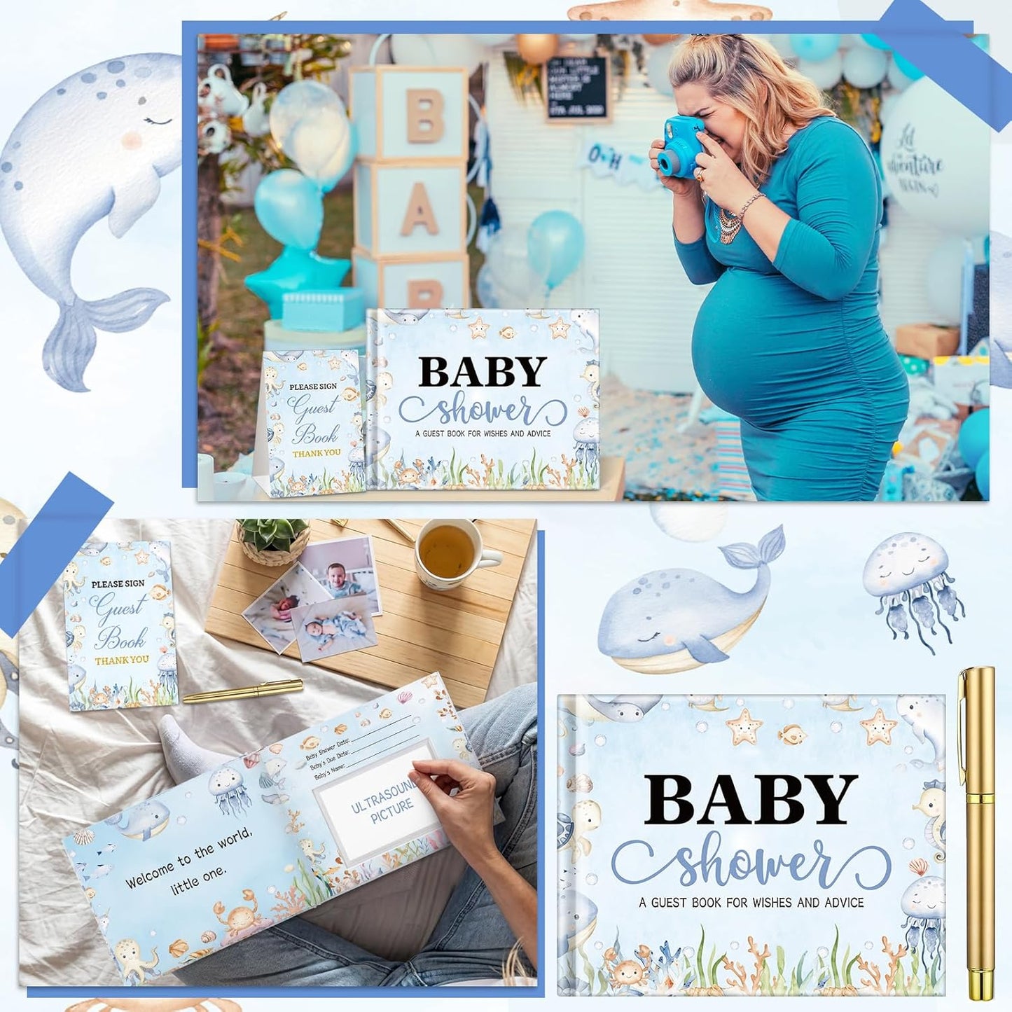Fuyoooo 27 Pcs Safari Animal Baby Shower Guest Book Set Baby Shower Sign in Guest Floral Book Place Table Cards with Gold Pen Adhesive Photo Corner for Birthday Party