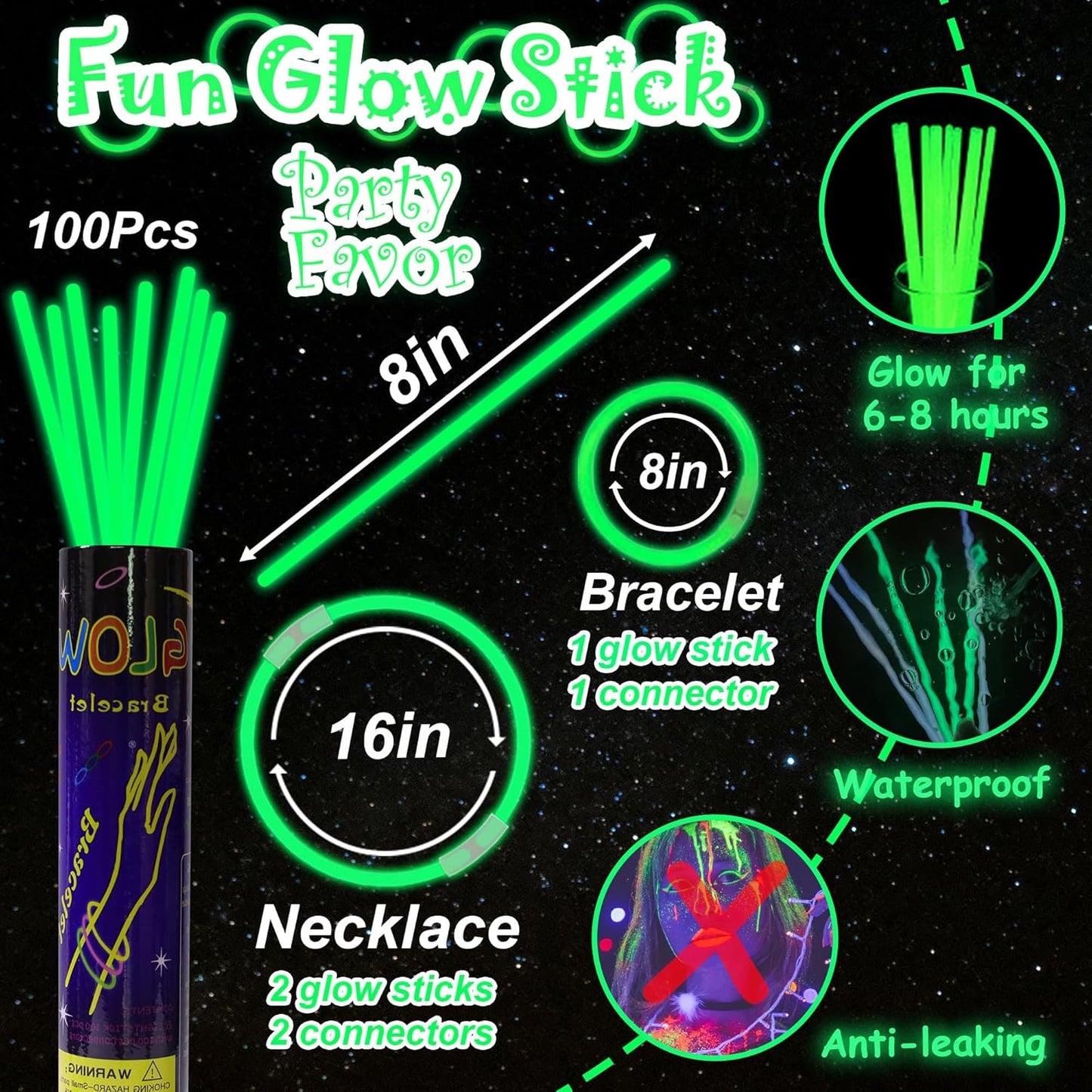 100 pk 8" Glow Sticks Bulk Party Favors, Light up Glow Necklaces & Bracelets in the Dark Party Supplies For Christmas Halloween 4th of July Birthday Neon Party (100 * Blue)
