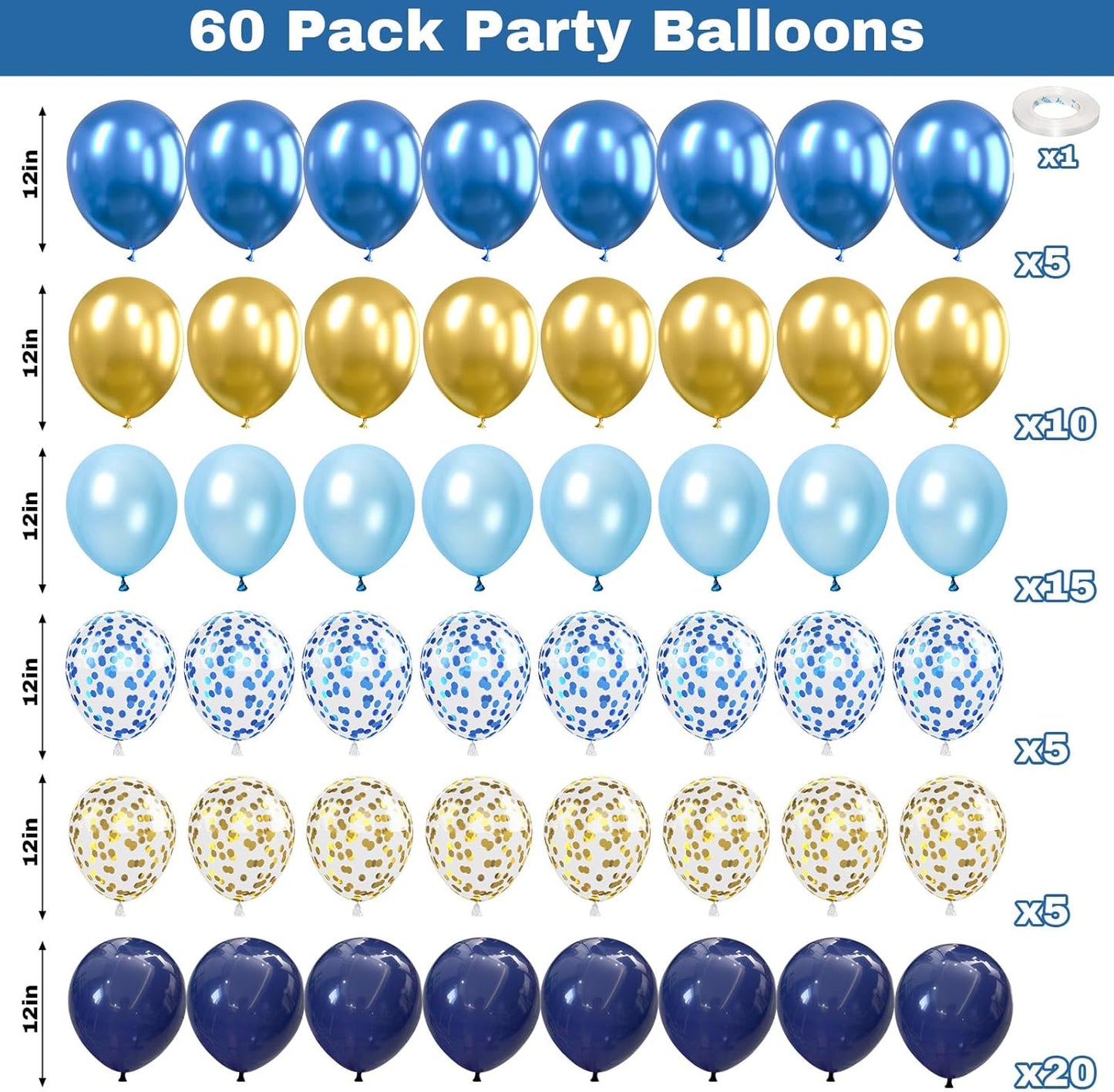 60 Pcs Blue and Silver Balloons, Navy Royal Blue Silver Party Balloons with Metallic Confetti Helium Latex Balloons for Birthday Baby Showers Fathers Day 2025 Graduation Decoration