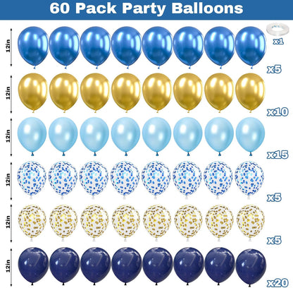 60 Pcs Blue and Silver Balloons, Navy Royal Blue Silver Party Balloons with Metallic Confetti Helium Latex Balloons for Birthday Baby Showers Fathers Day 2025 Graduation Decoration