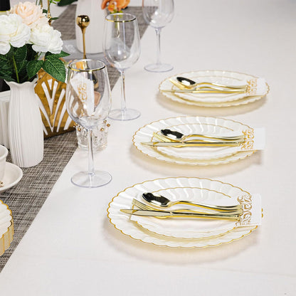 Lullaby 60PCS Ivory Scalloped Plastic Plates with Gold Rim, Disposable Elegant Plates Include 30pcs Dinner Plate 10.25", 30pcs Plastic Dessert Plate 7.5", Perfect for Wedding and Party