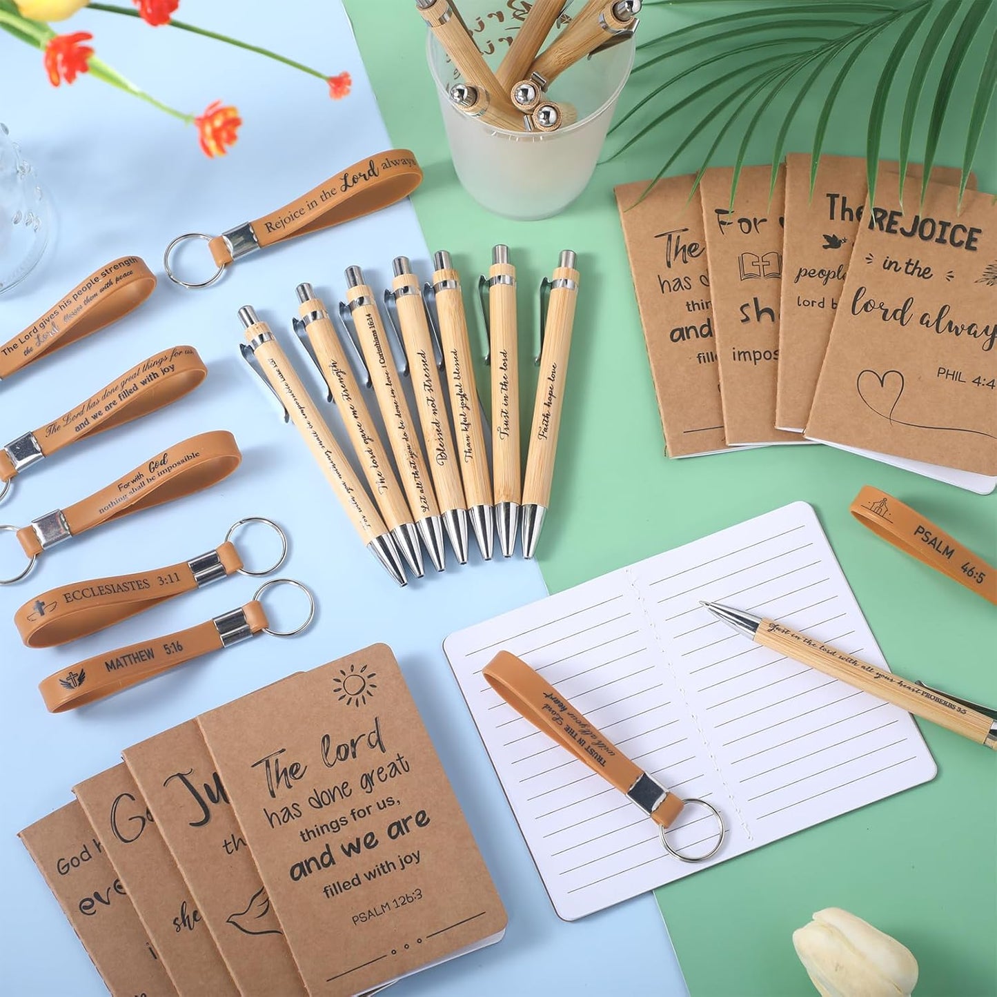 PerKoop 48 Pcs Inspirational Gifts Bulk Motivational Notepads Ballpoint Pens Keychains Set Modern Farmhouse Journal Notebooks Christian Gifts for Teachers School Office Party Favor Supplies