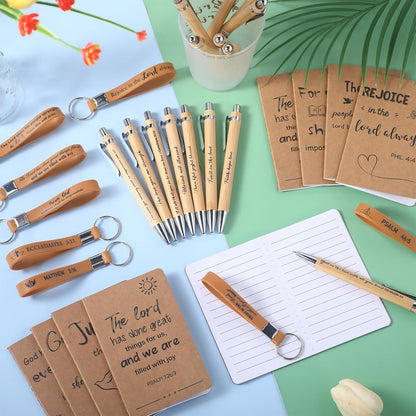 PerKoop 48 Pcs Inspirational Gifts Bulk Motivational Notepads Ballpoint Pens Keychains Set Modern Farmhouse Journal Notebooks Christian Gifts for Teachers School Office Party Favor Supplies