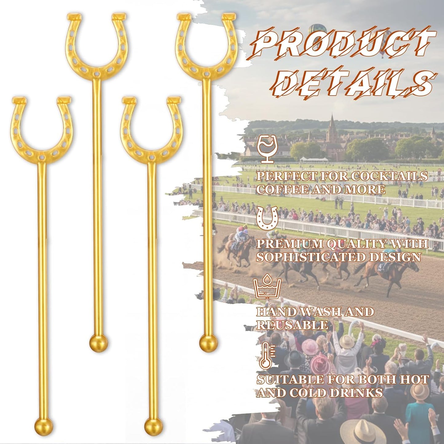 6 Inch Derby Drink Plastic Stirrers Swizzle Sticks for Cocktails Coffee Reusable U Shaped Horseshoe Drink Stirrers for Coffee Beverage Party Bar Weddings Events(Gold,30 Pcs)