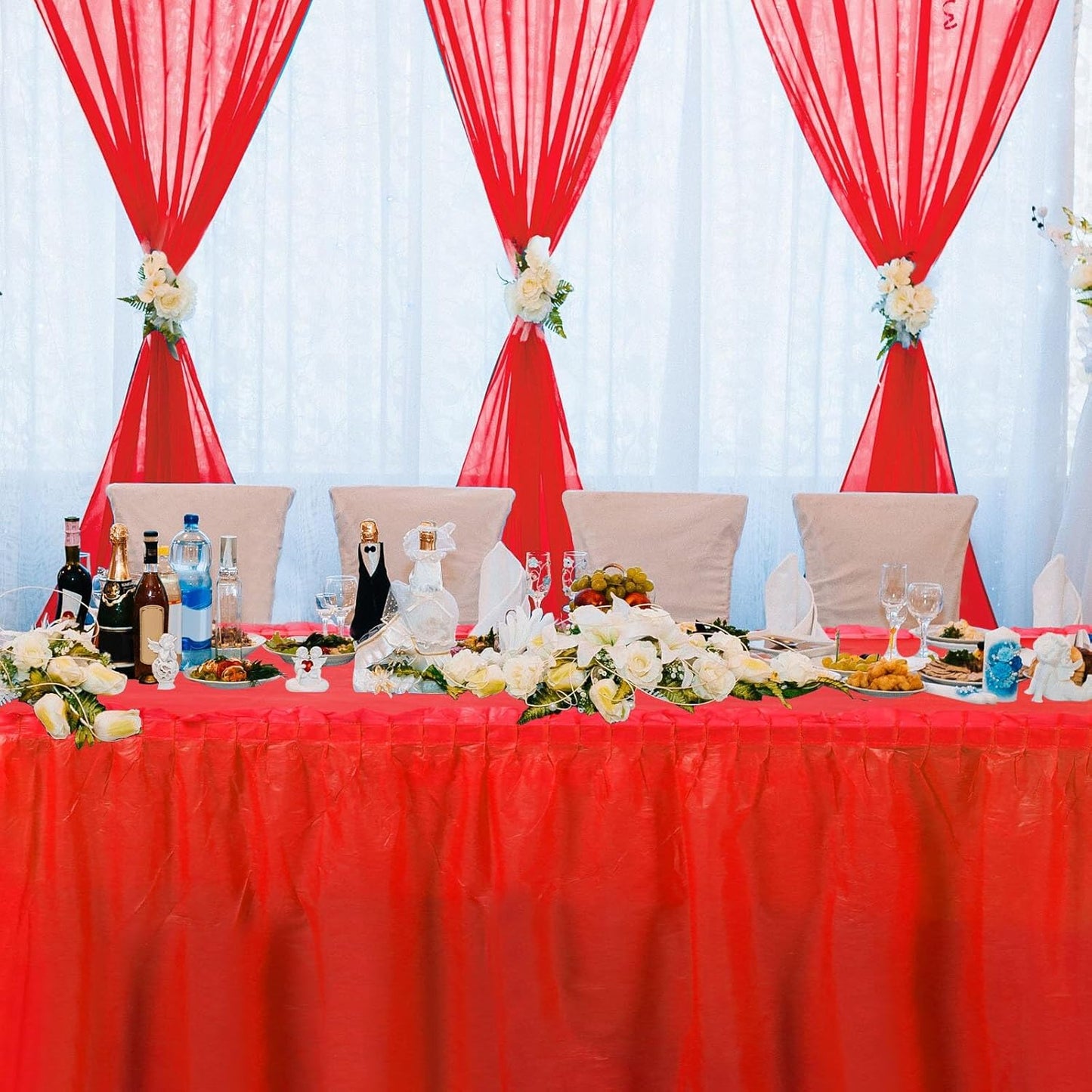 Oudain 6 Pcs Plastic Table Skirts and Stainproof Table Cloths 54 x 108 in Plastic Ruffle Tablecloth 168 x 29 Inches Disposable for Wedding Baby Shower Valentine Spring Easter Party(White)