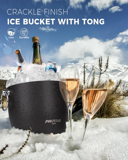 POLIVIAR Ice Bucket, 2.5L Double Wall Ice Bucket with Lid, Stainless Steel Ice Bucket with Tong & Strainer, Ice Bucket for Cocktail Bar, Home & Parties, JX2023-IBLU