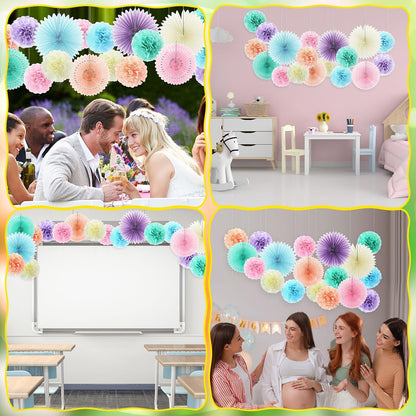 Kosiz 18 Pcs Pastel Rainbow Party Decorations Pastel Paper Fans 3D Floral Tissue Pom Poms Pink Hanging Paper Flowers Garland Classroom Home Wall Decor Birthday Baby Shower Bridal Wedding Supplies