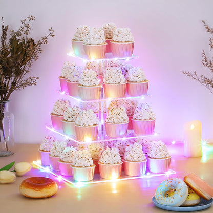 Suneerplay 4 Tier Cupcake Stand with LED String Light, Acrylic Cupcake Display Stand, Square Cupcake Tower Holder, Cup Cake Stand for Birthday, Wedding, Baby Shower, Party