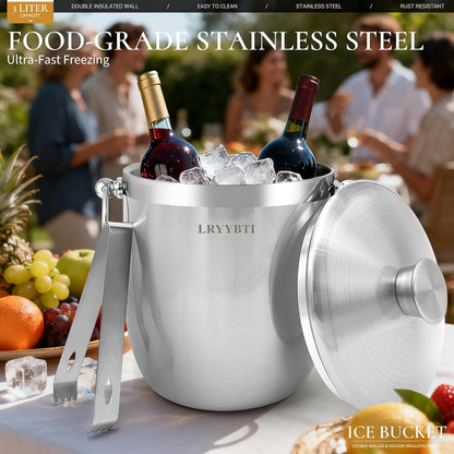 Ice Buckets for Parties with Lid,Tongs and Strainer (3L/Silver) Double Wall Stainless Steel Ice Bucket Keeps Frozen Longer,Ideal Perfect for Parties, Cocktail bar, Chilling Wine, Champagne