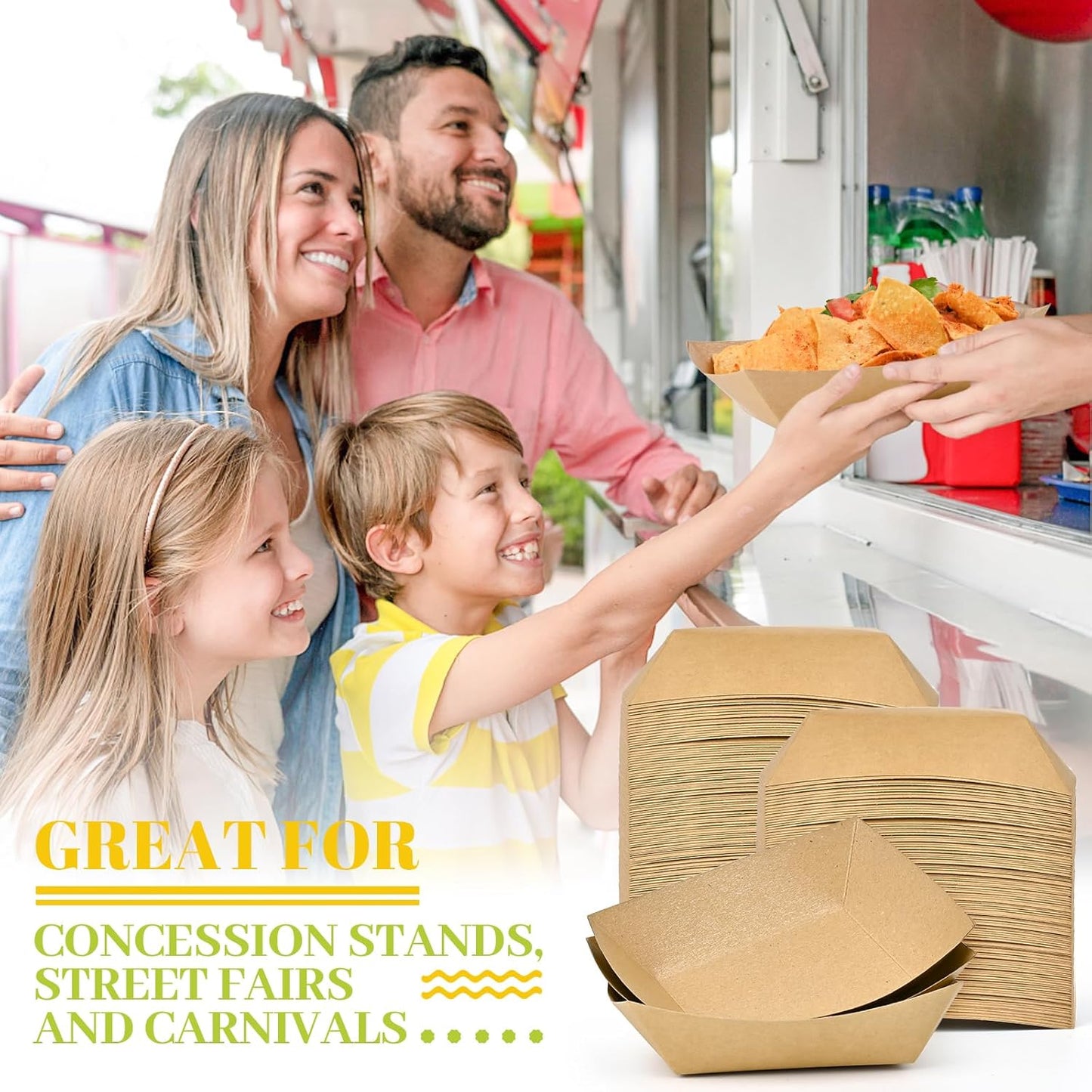 Ocmoiy 1lb Paper Food Trays, 100 Pack Heavy Duty Kraft Food Boats Holders Disposable Serving Basket Trays for Nachos, Fries, BBQ, Festivals, Party