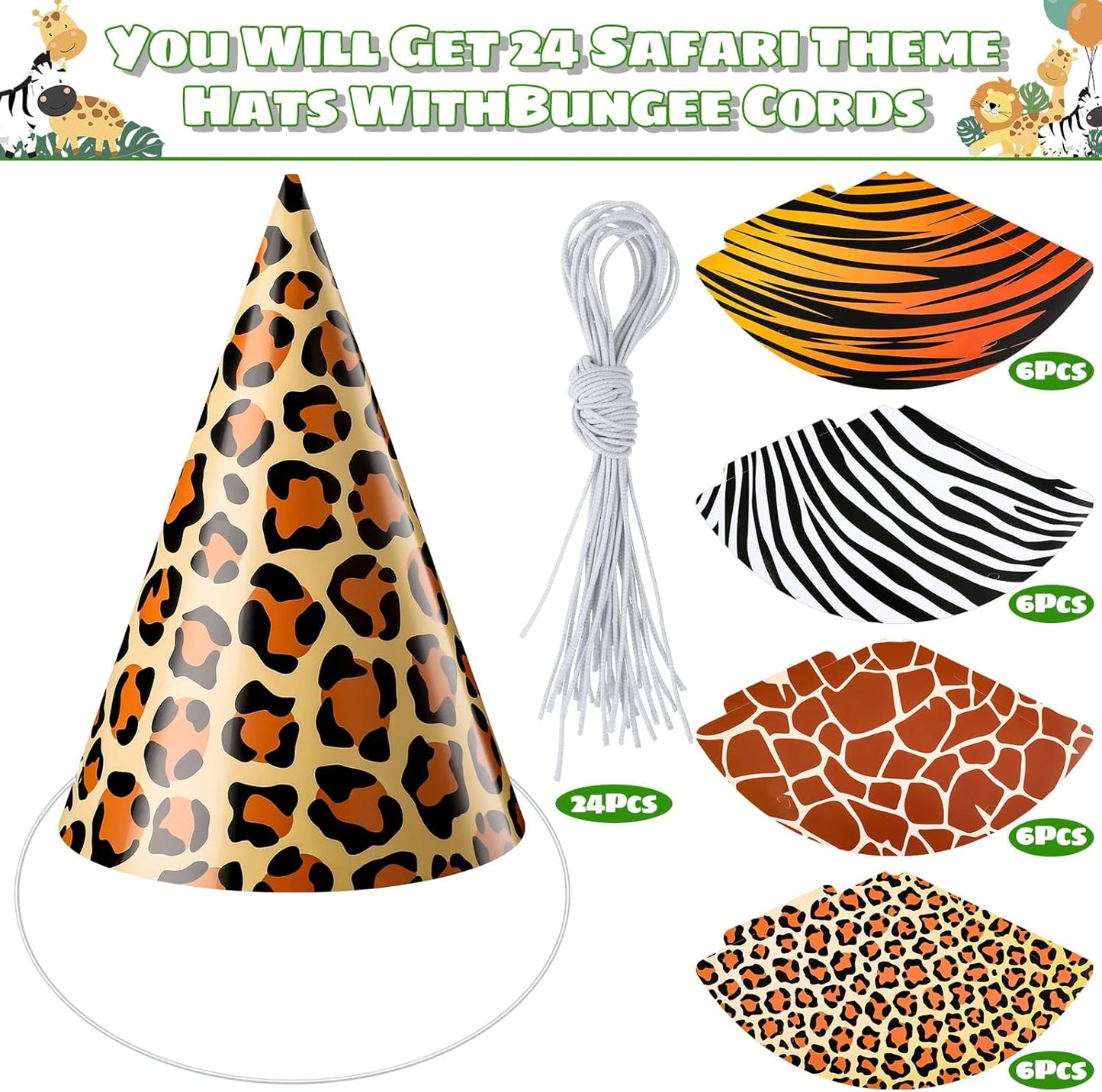 Spiareal 24 Pieces Safari Party Hats Jungle Animal Safari Theme Cone Paper Hats for Kids Zoo Birthday Party Supplies Favor