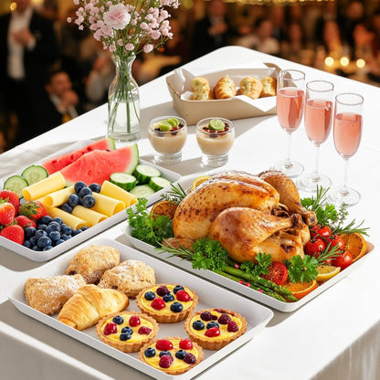 4-Pack Serving Tray, Serving Platter for Parties, Entertaining, Camping & Food Display, Reusable & Stackable Plastic Trays in Kitchen, Rectangular Food Platters for Cookie, Appetizer(White)