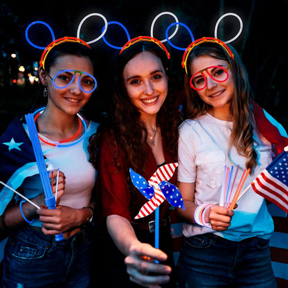 JOYIN 90 PCS July 4th Glow Sticks Set, Red White Blue Patriotic Glow Sticks with Connectors, Glow in the Dark Pinwheels Wands, Headbands & Glasses Party Favors for Independence Day Accessory Decor