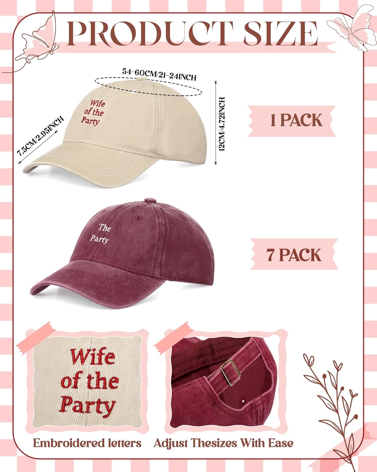 Chicingyou 8 Pack Adjustable Bachelorette Hat, 1 Wife of the Party Cap and 7 the Party Cap for Bridesmaid Bride Wedding Gift