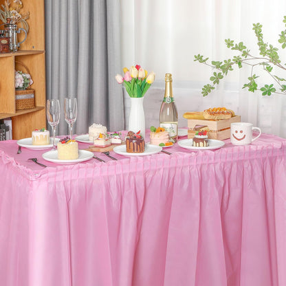 Oudain 6 Pcs Plastic Table Skirts and Stainproof Table Cloths 54 x 108 in Plastic Ruffle Tablecloth 168 x 29 Inches Disposable for Wedding Baby Shower Valentine Spring Easter Party(White)