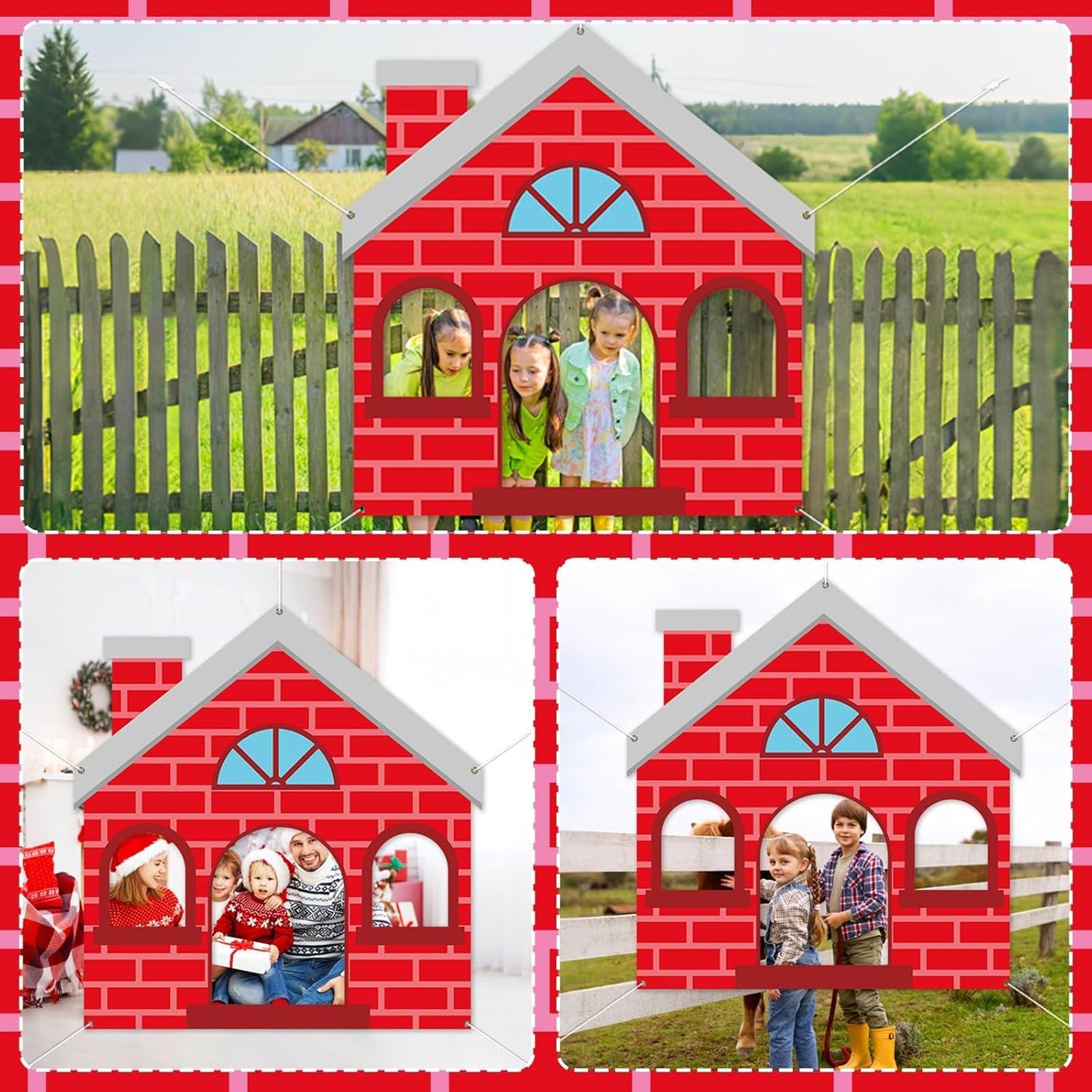 Large Red Brick House Photo Prop Red Brick House Shaped Selfie Frame Backdrop Banner Little Pigs Party Photo Booth Props for Kids Birthday Farm Animal Magical Party Decorations Supplies 63 x 60 Inch