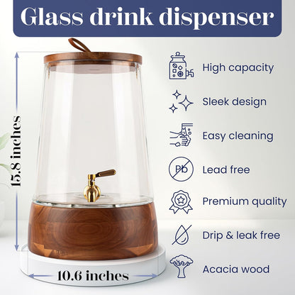 FOODLE Large Glass Drink Dispenser with Spigot - Glass Beverage Dispenser with Stand - Perfect for Parties & Weddings - Pitcher for Lemonade, Water, Sangria, Punch & Juice - Leakproof - 1.72 Gallon