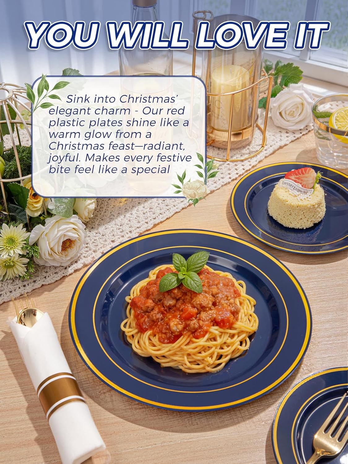 350 Pieces Black and Gold Plastic Plates with Disposable Silverware, Include 50 Dinner Plates 9”, 50 Dessert Plates 6.3”, 50 Black Cups 9 OZ, 50 Pre Rolled Napkins for Wedding Party Graduation